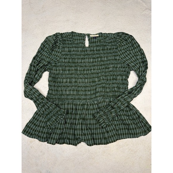 Universal Threads Tops - Universal Threads Green White Plaid Smocked Puff‎ Sleeve Peplum Blouse Size XL